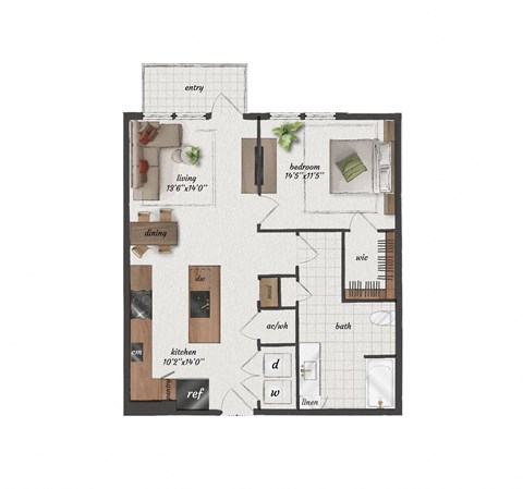 Floor plan for 1 bed, 1 bath, 840 sqft